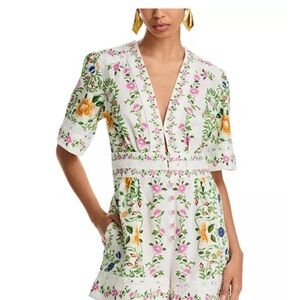 NWT FARM Rio White Floral Embroidered Romper with Pink, Yellow & Blue Accents